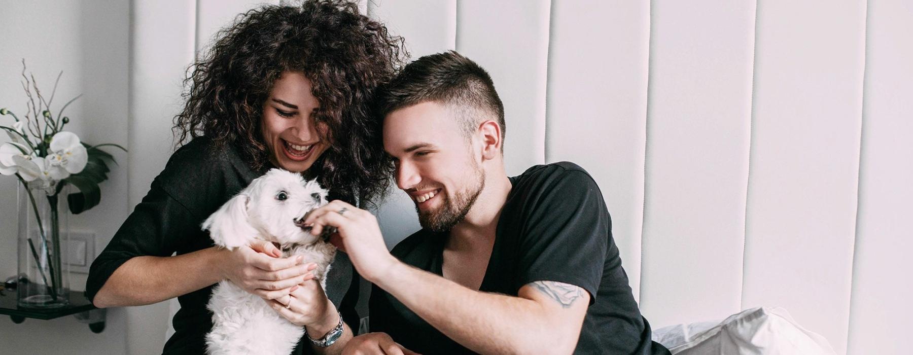 a man and woman sitting on a bed playing with a dog